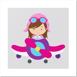 Pilot Girl, Airplane, Plane, Flying, Brown Hair Posters and Art